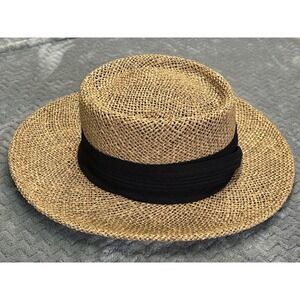 Woven Straw Boater Hat Black Ribbon Band Summer Beach Sun Hat Lightweight